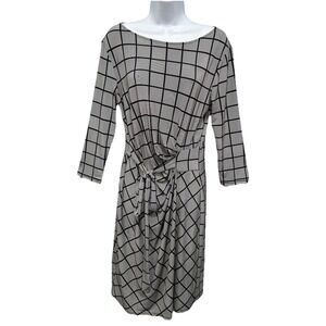 Ann Taylor Midi Dress Womens Medium Black Stripes Stretch 3/4 Sleeveless Career